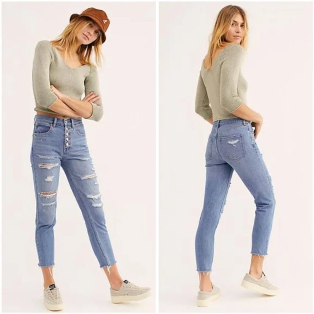 We The Free Distressed Button-Fly High-Rise Jeans - Sz  26